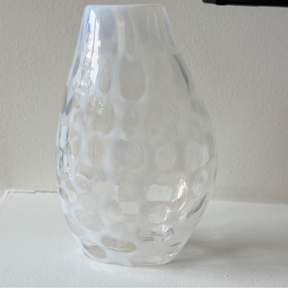 Crate & Barrel Moonstone Lacy Opalescent Clear White Art Glass Vase